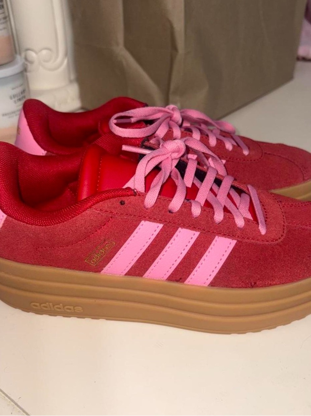 adidas Red and Pink Suede Platform Sneakers